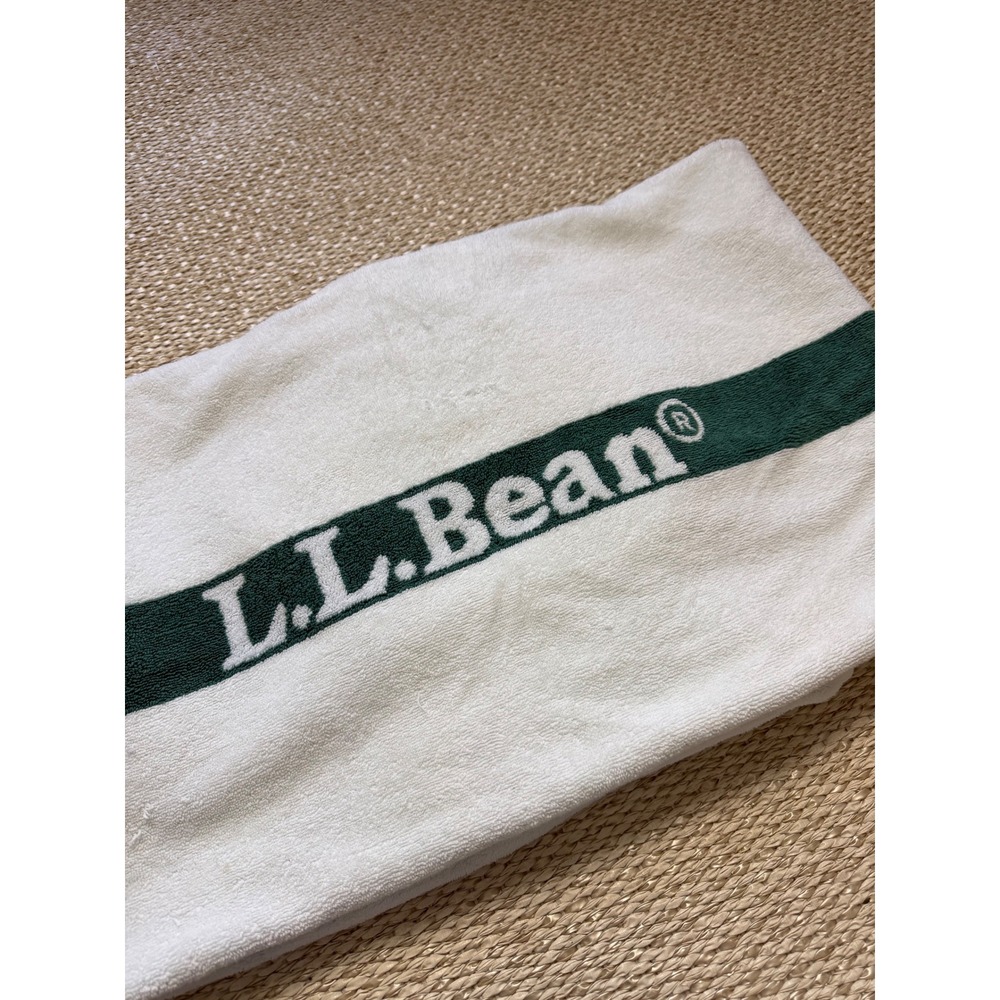 Vintage L.L. Bean White Green Logo Beach Towel 100% Cotton Made in Turkey 59x37 - Picture 2 of 6